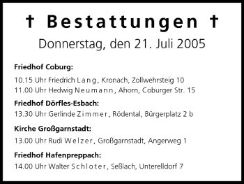 Anzeige von Bestattungen vom 21.07.2005 von MGO