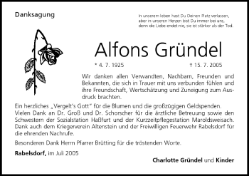 Anzeige von Alfons Gründel von MGO