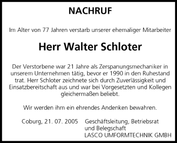 Anzeige von Walter Schloter von MGO