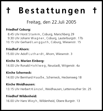 Anzeige von Bestattungen vom 22.07.2005 von MGO