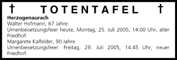 Anzeige von Totentafel vom 25.07.2005 von MGO