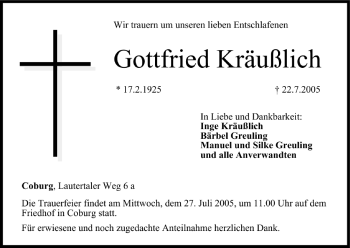 Anzeige von Gottfried Kräußlich von MGO