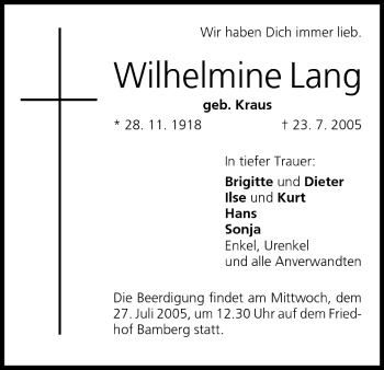 Anzeige von Wilhelmine Lang von MGO