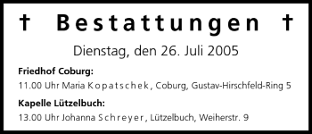 Anzeige von Bestattungen vom 26.07.2005 von MGO