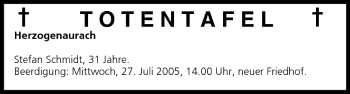 Anzeige von Totentafel vom 26.07.2005 von MGO
