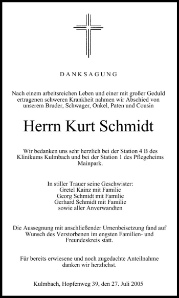 Anzeige von Kurt Schmidt von MGO