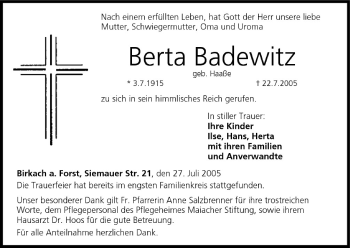Anzeige von Berta Badewitz von MGO
