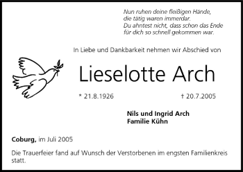 Anzeige von Lieselotte Arch von MGO