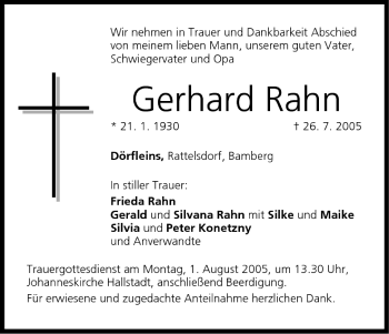 Anzeige von Gerhard Rahn von MGO