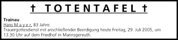 Anzeige von Totentafel vom 29.07.2005 von MGO