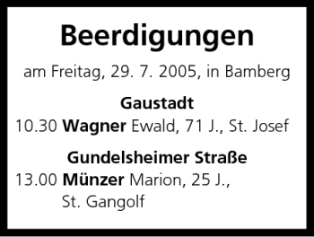 Anzeige von Beerdigungen vom 29.07.2005 von MGO