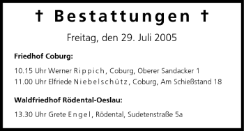Anzeige von Bestattungen vom 29.07.2005 von MGO