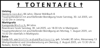 Anzeige von Totentafel vom 30.07.2005 von MGO