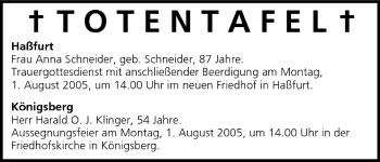 Anzeige von Totentafel vom 30.07.2005 von MGO