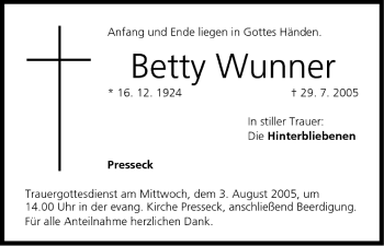 Anzeige von Betty Wunner von MGO