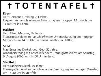 Anzeige von Totentafel vom 02.08.2005 von MGO