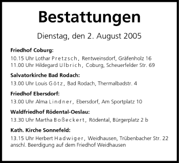 Anzeige von Bestattungen vom 02.08.2005 von MGO