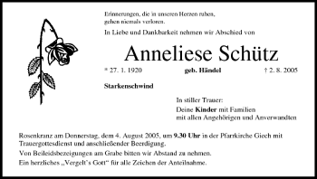 Anzeige von Anneliese Schütz von MGO