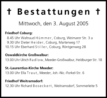 Anzeige von Bestattungen vom 03.08.2005 von MGO
