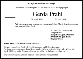 Anzeige von Gerda Prahl von MGO