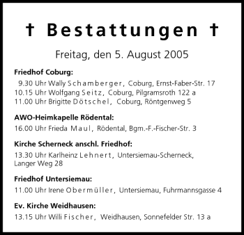 Anzeige von Bestattungen vom 05.08.2005 von MGO