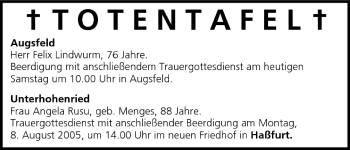 Anzeige von Totentafel vom 06.08.2005 von MGO