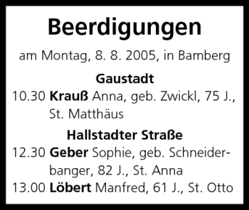 Anzeige von Beerdigungen vom 08.08.2005 von MGO