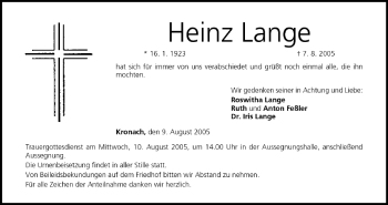 Anzeige von Heinz Lange von MGO