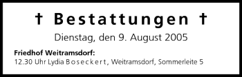 Anzeige von Bestattungen vom 09.08.2005 von MGO