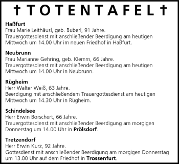 Anzeige von Totentafel vom 10.08.2005 von MGO