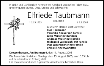 Anzeige von Elfriede Taubmann von MGO
