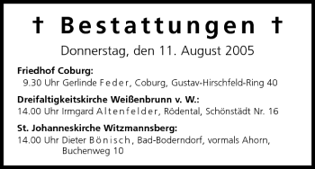 Anzeige von Bestattungen vom 11.08.2005 von MGO