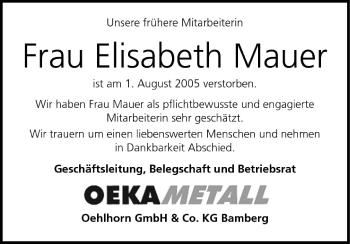 Anzeige von Elisabeth Mauer von MGO