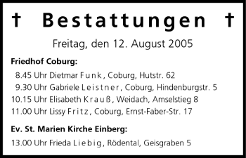 Anzeige von Bestattungen vom 12.08.2005 von MGO