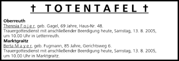 Anzeige von Totentafel vom 13.08.2005 von MGO