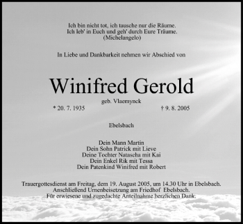 Anzeige von Winifred Gerold von MGO