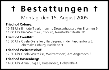 Anzeige von Bestattungen vom 15.08.2005 von MGO