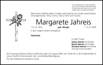 Anzeige von Margarete Jahreis von MGO