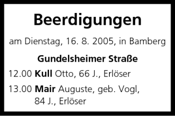 Anzeige von Beerdigungen vom 16.08.2005 von MGO