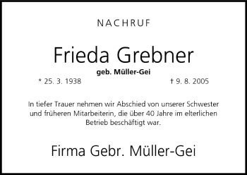 Anzeige von Frieda Grebner von MGO