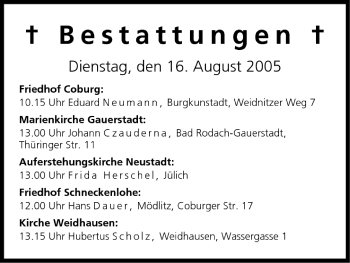 Anzeige von Bestattungen vom 16.08.2005 von MGO