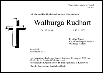 Anzeige von Walburga Rudhart von MGO