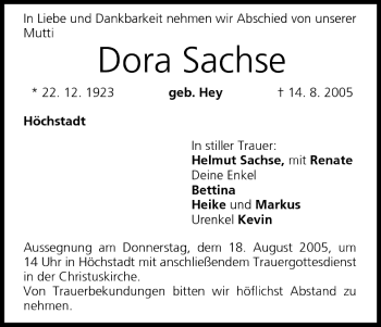 Anzeige von Dora Sachse von MGO