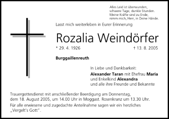 Anzeige von Rozalia Weindörfer von MGO