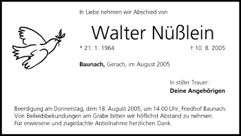 Anzeige von Walter Nüßlein von MGO