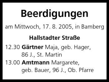 Anzeige von Beerdigungen vom 17.08.2005 von MGO