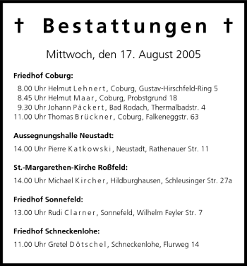Anzeige von Bestattungen vom 17.08.2005 von MGO