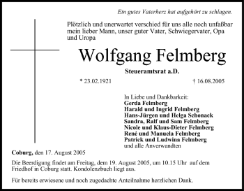 Anzeige von Wolfgang Felmberg von MGO