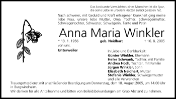 Anzeige von Anna Maria Winkler von MGO