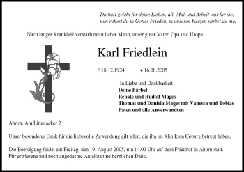 Anzeige von Karl Friedlein von MGO
